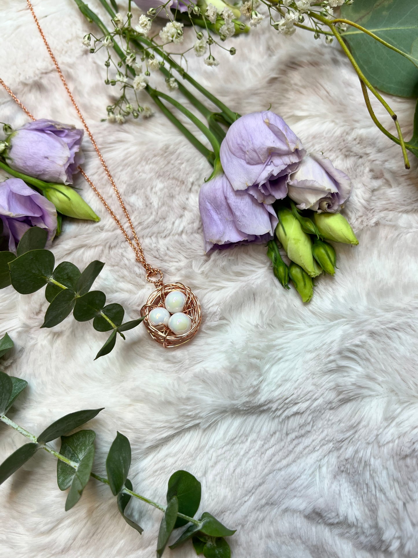Bird Nest Necklace - Pearl White Glass Bead