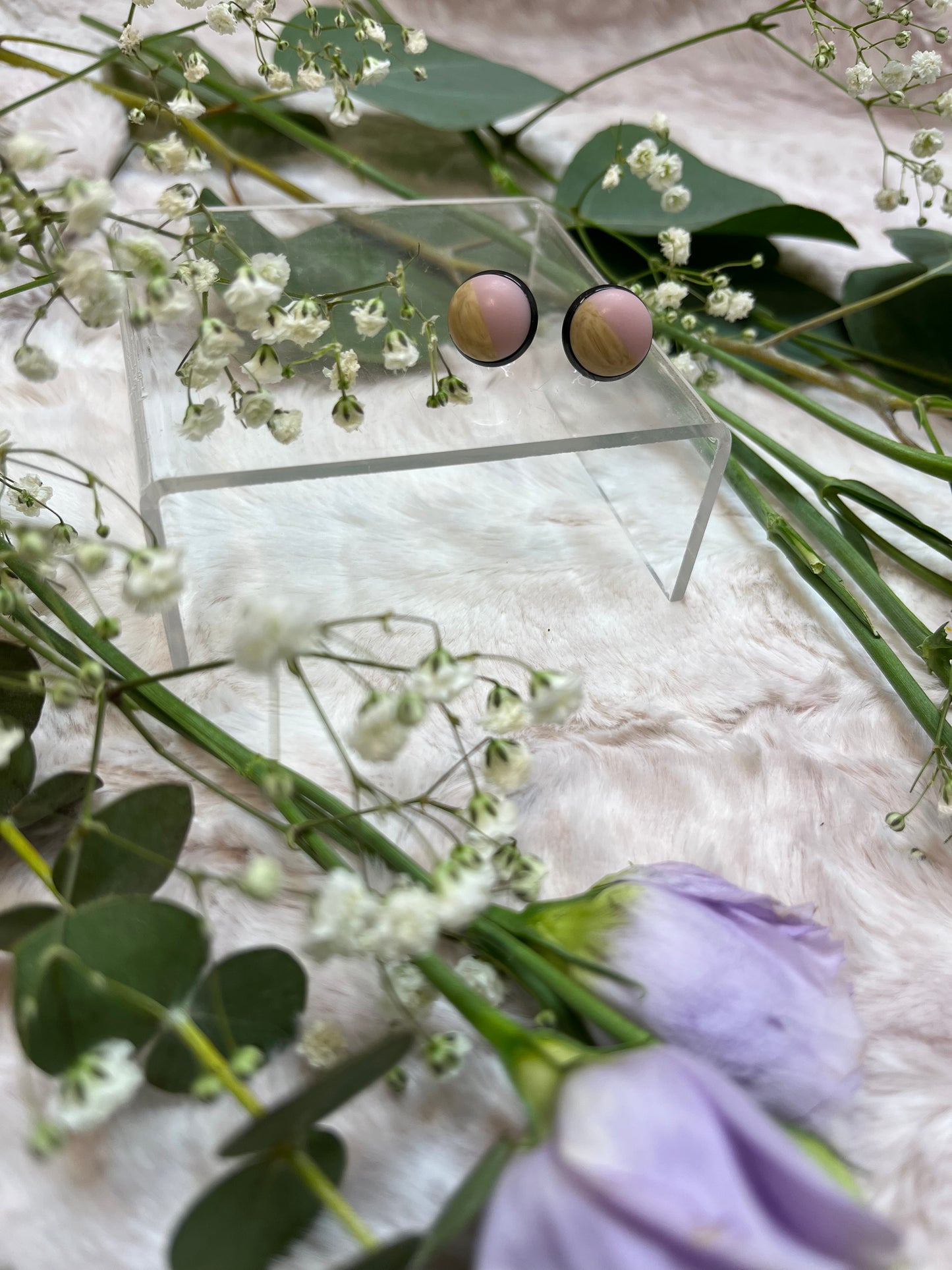 Wood and Pink Resin Stud Earrings