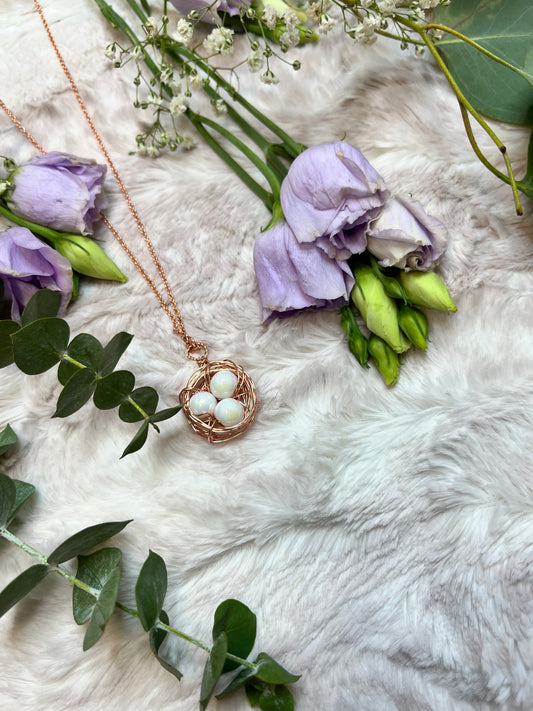 Bird Nest Necklace - Pearl White Glass Bead